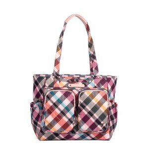 Lug Trotter Tote Bag Pink Plaid with matching Lug Drizzle Mini Zip Storage Pouch